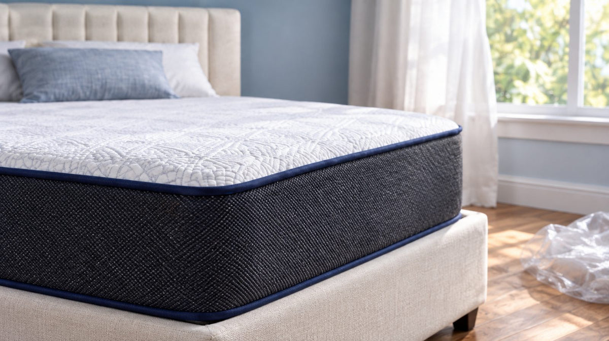 Nieuwe matras op het bedframe na het uitpakken, ernaast de verpakkingsfolie bij het raam