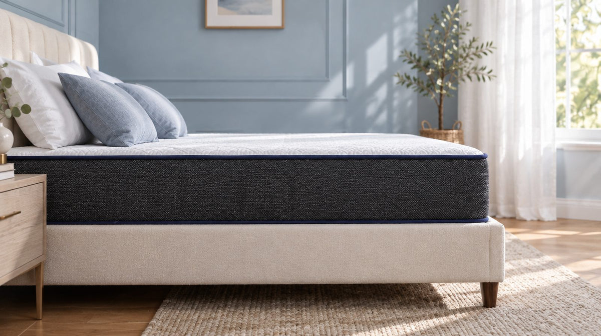 Zijaanzicht van een bed met matras op het bedframe, de matrashoogte is goed zichtbaar