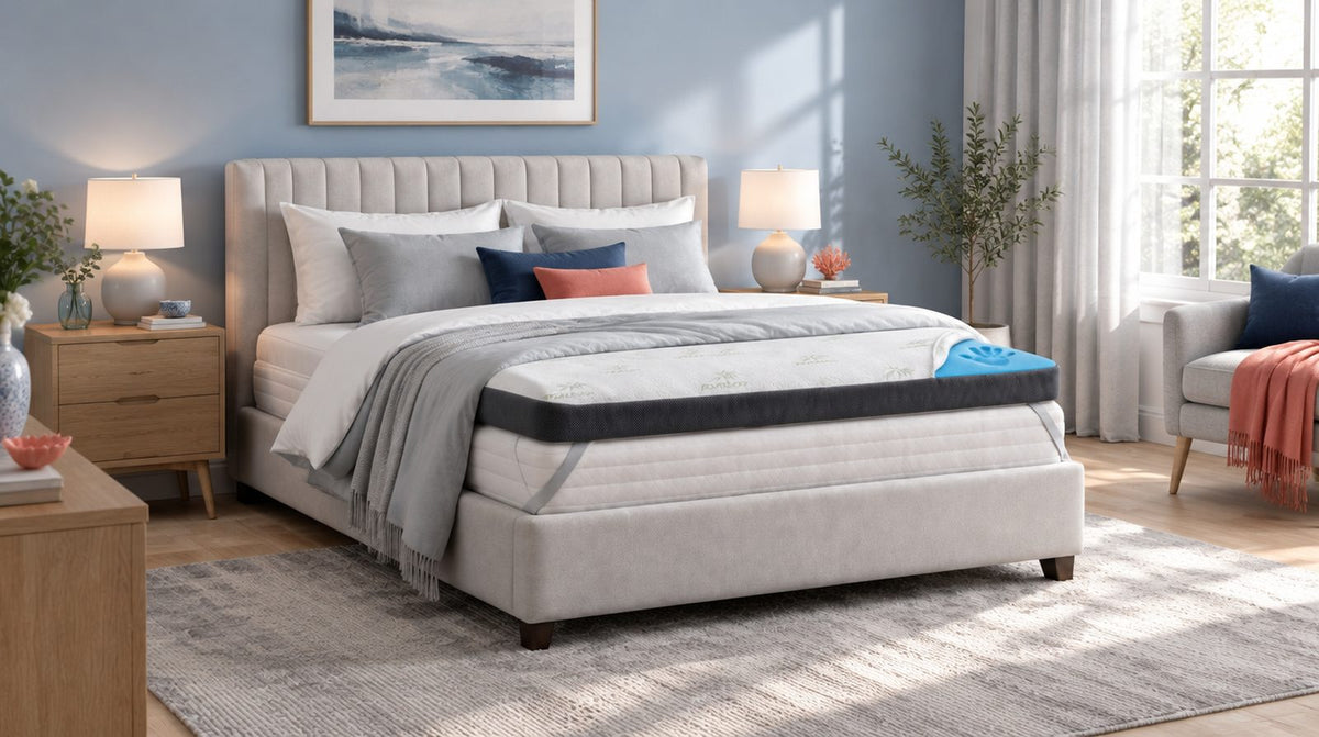 Boxspringbed met gestoffeerd hoofdbord en een opgelegde topper in een gezellige slaapkamer